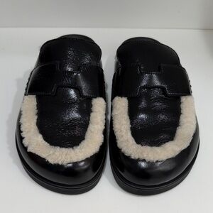 Hermes Black Leather Mules with Cream Fur Trim